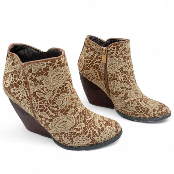 Very Volatile Shoes - Very Volatile Ophelia Brown Boho Lace Overlay Western Ankle Boot Booties Wedge 9